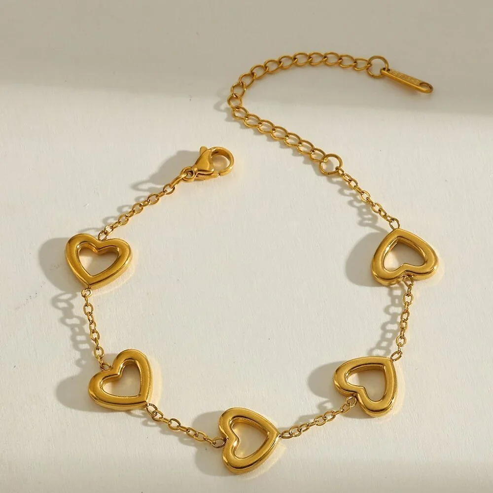 18K Gold Plated Heart Chain Bracelet, Stainless Steel